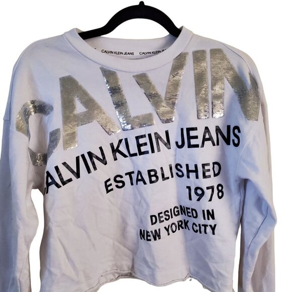 Calvin Klein Y2K Sequin SpellOut Raw Hem Long Sleeve Crop Top Size XS - Picture 2 of 9